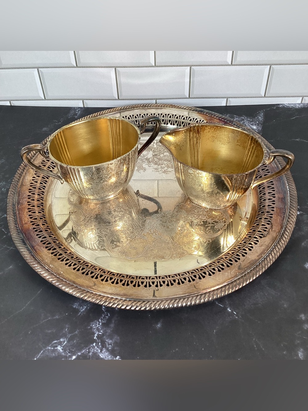 Vintage Wm Rogers Silver Plated 12.5" Platter #170 & Cream & Sugar Set #2460